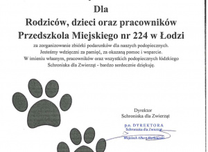Podziękowanie za organizację zbiórki na rzecz Łódzkiego Schroniska dla Zwierząt